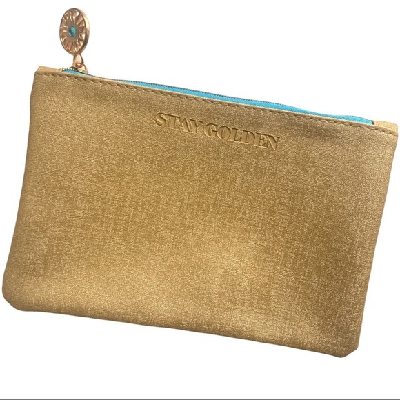 IPSY Cosmetic Makeup Bag OS Women’s Yellow Blue Gold Zipper Charm Stay Golden - Picture 2 of 7